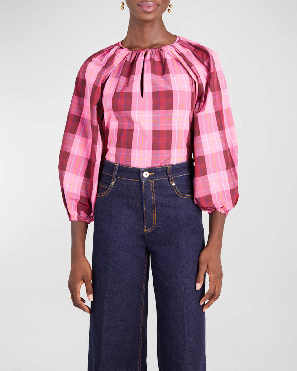 greenhouse plaid blouson-sleeve top